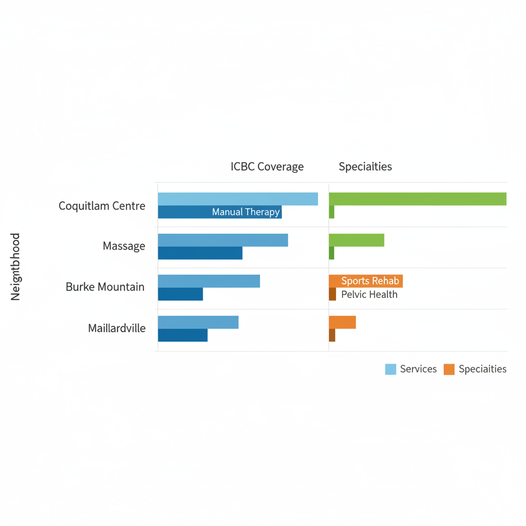 Horizontal bar chart comparing physiotherapy services, ICBC coverage, and specialties in Coquitlam Centre, Burke Mountain, and Maillardville neighborhoods.