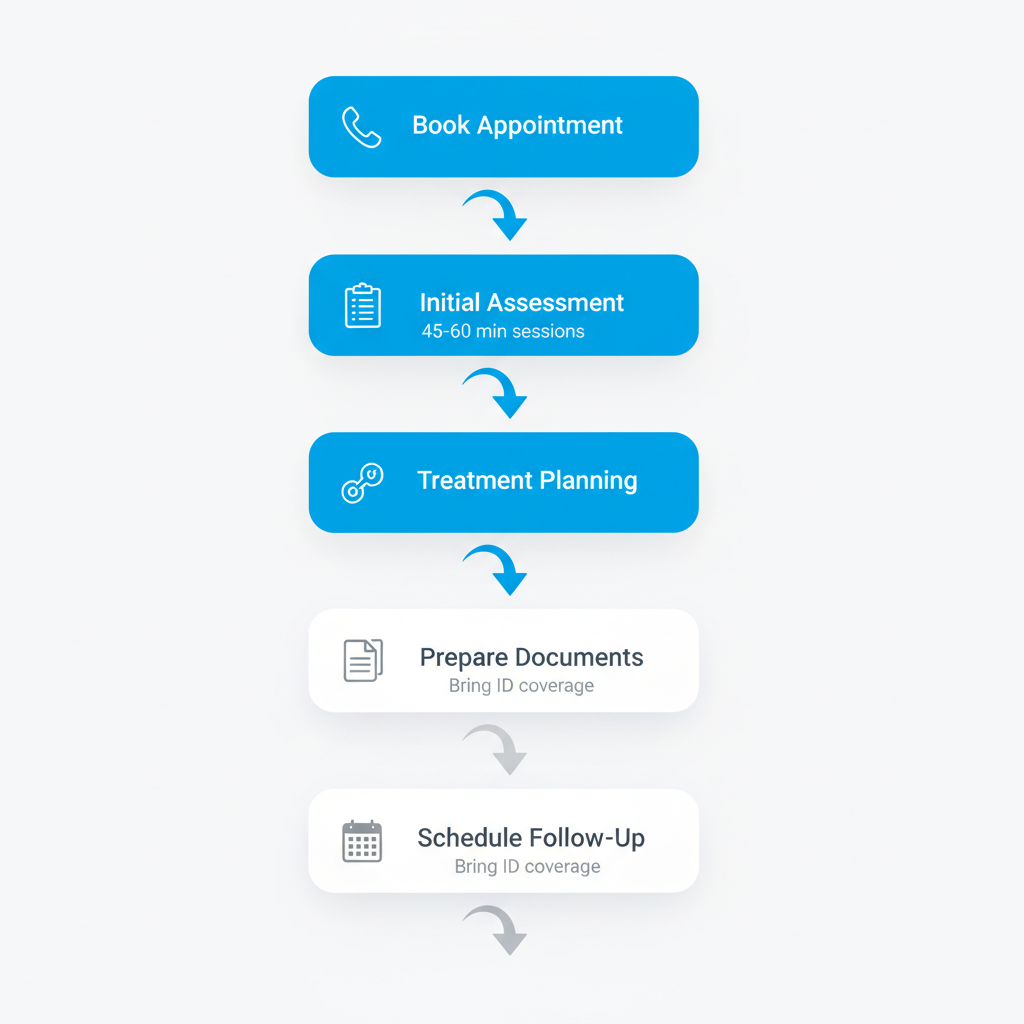 Vertical process flow diagram showing five steps to start physiotherapy: booking, assessment, planning, preparation, and follow-up.