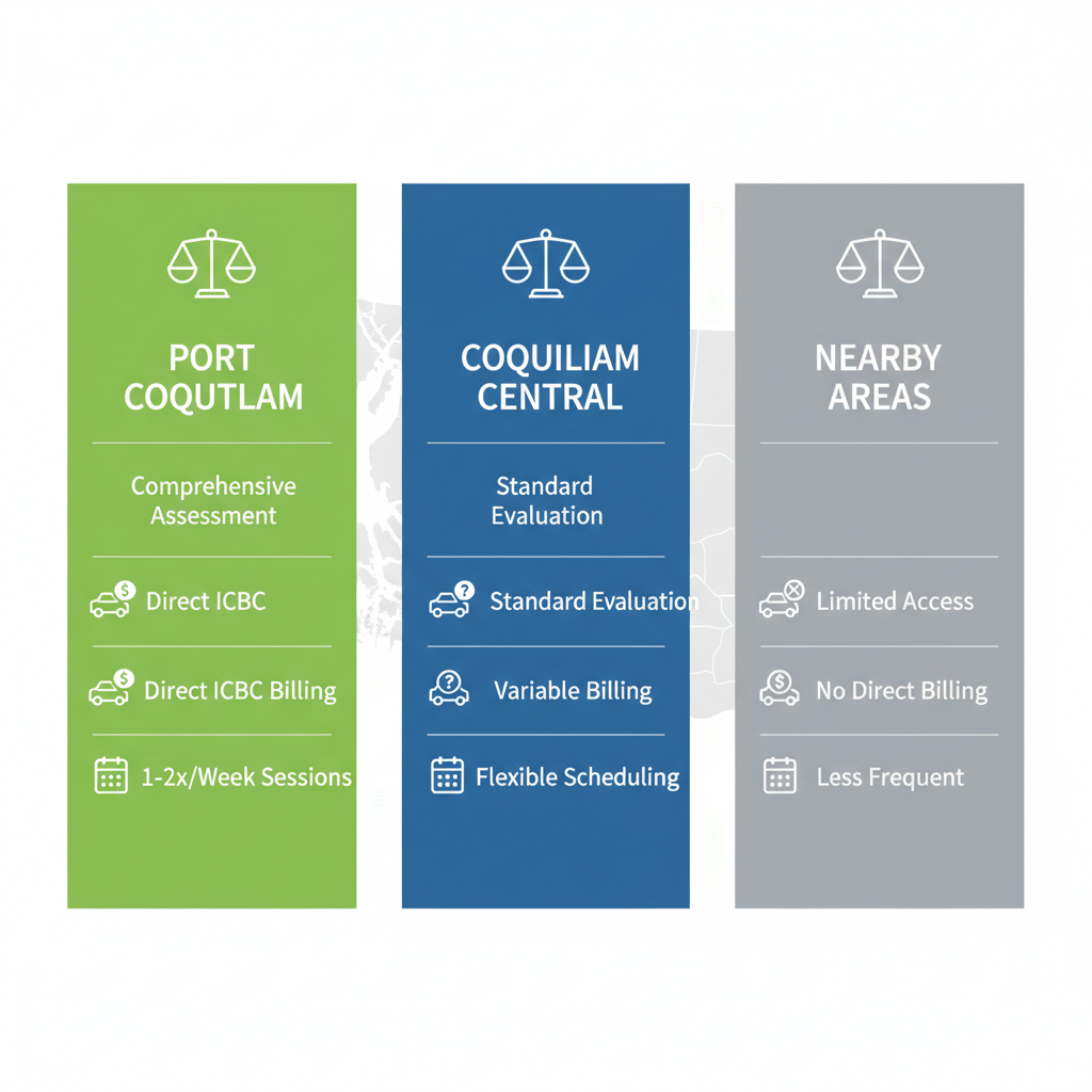 Infographic comparing vestibular rehabilitation services across Port Coquitlam, Coquitlam Central, and nearby areas