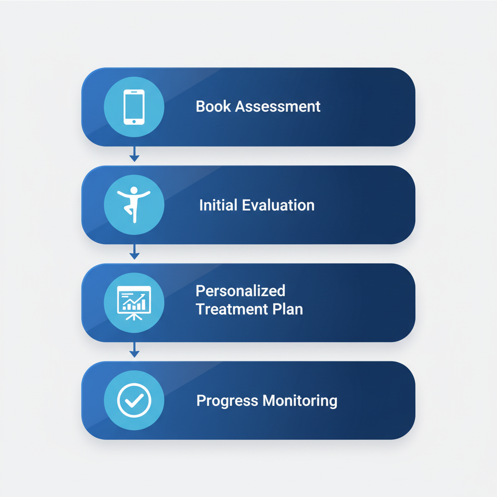 Vertical process flow diagram illustrating four steps to start vestibular rehabilitation: booking assessment, initial evaluation, personalized plan, and progress monitoring.