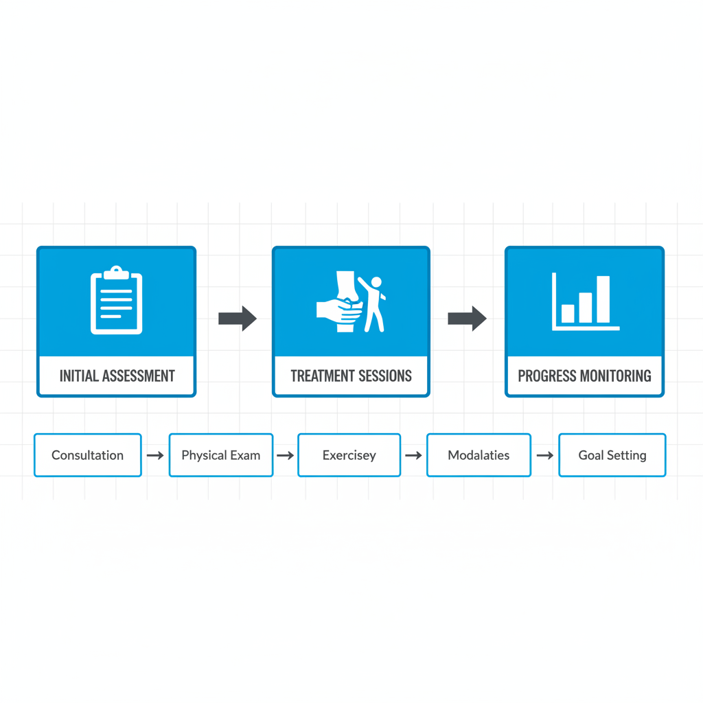 Horizontal process flow diagram illustrating the three stages of ICBC physiotherapy treatment: initial assessment, treatment sessions, and progress monitoring.