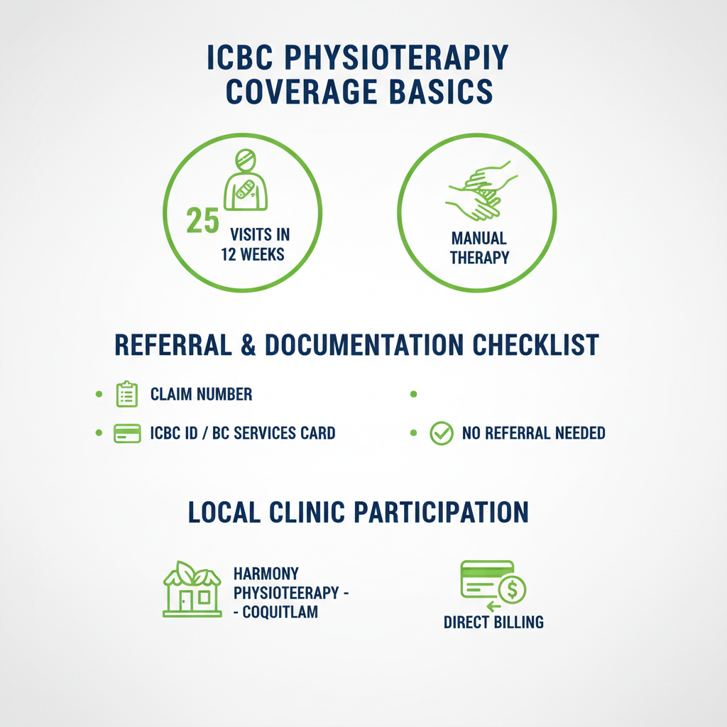 Infographic showing ICBC physiotherapy coverage details including visits, treatments, referrals, and clinic billing in Coquitlam.