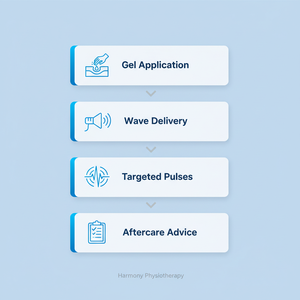 Vertical process flow diagram showing four stages of shockwave therapy treatment with icons and minimal labels.