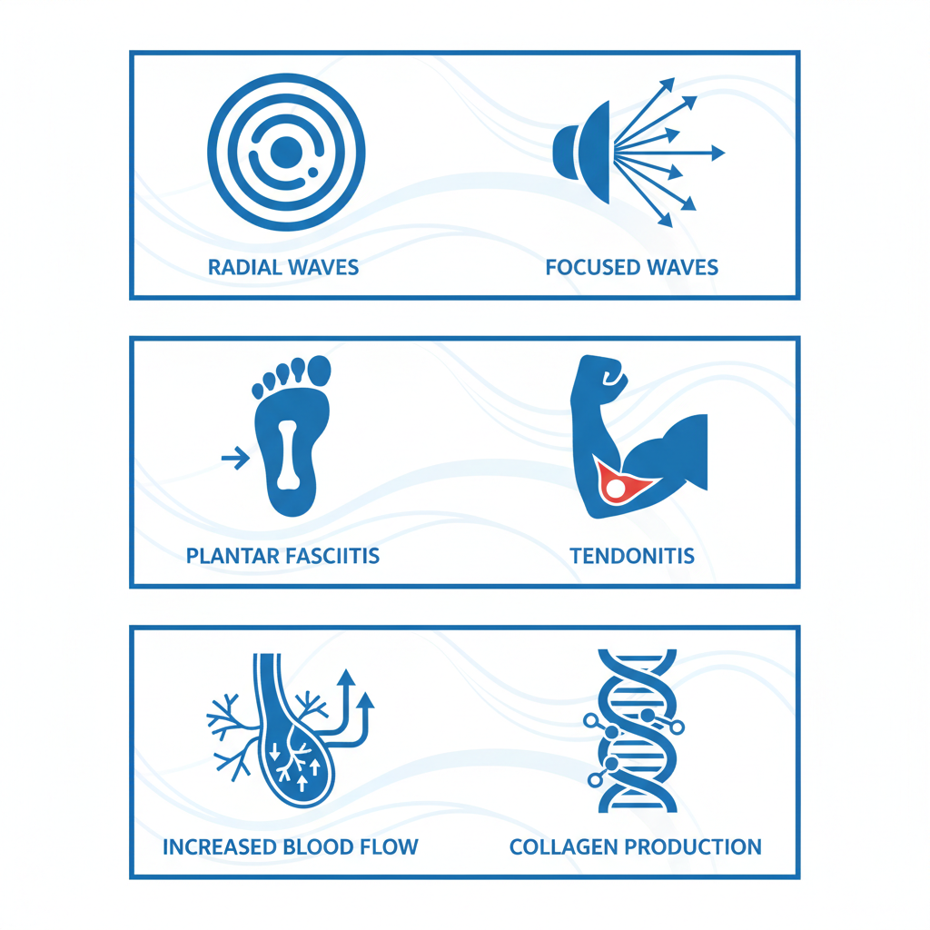 Infographic showing core principles of shockwave therapy with panels on definition, conditions treated, and biological effects