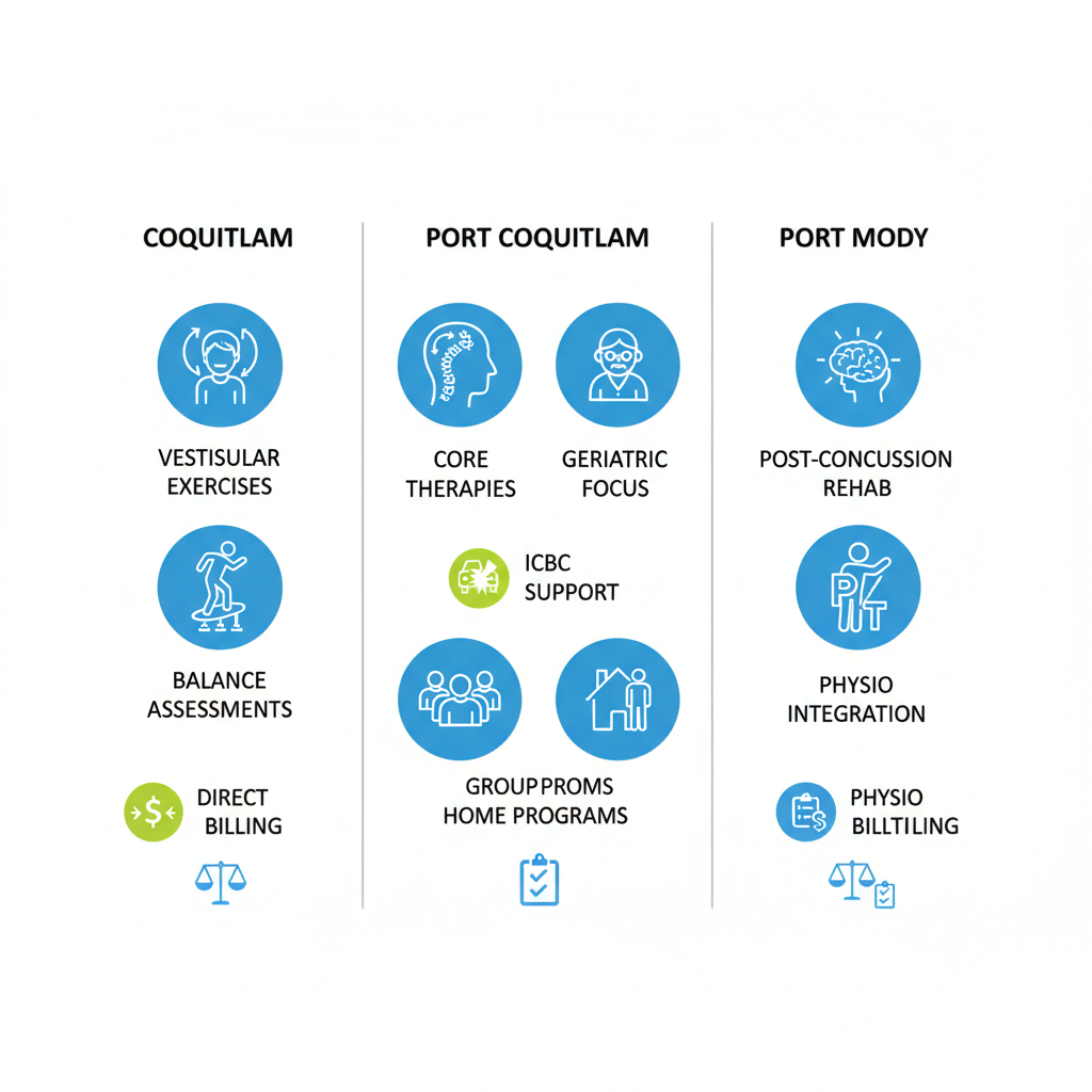 Infographic comparing vestibular rehabilitation services in Coquitlam, Port Coquitlam, and Port Moody with icons for exercises, assessments, and billing options