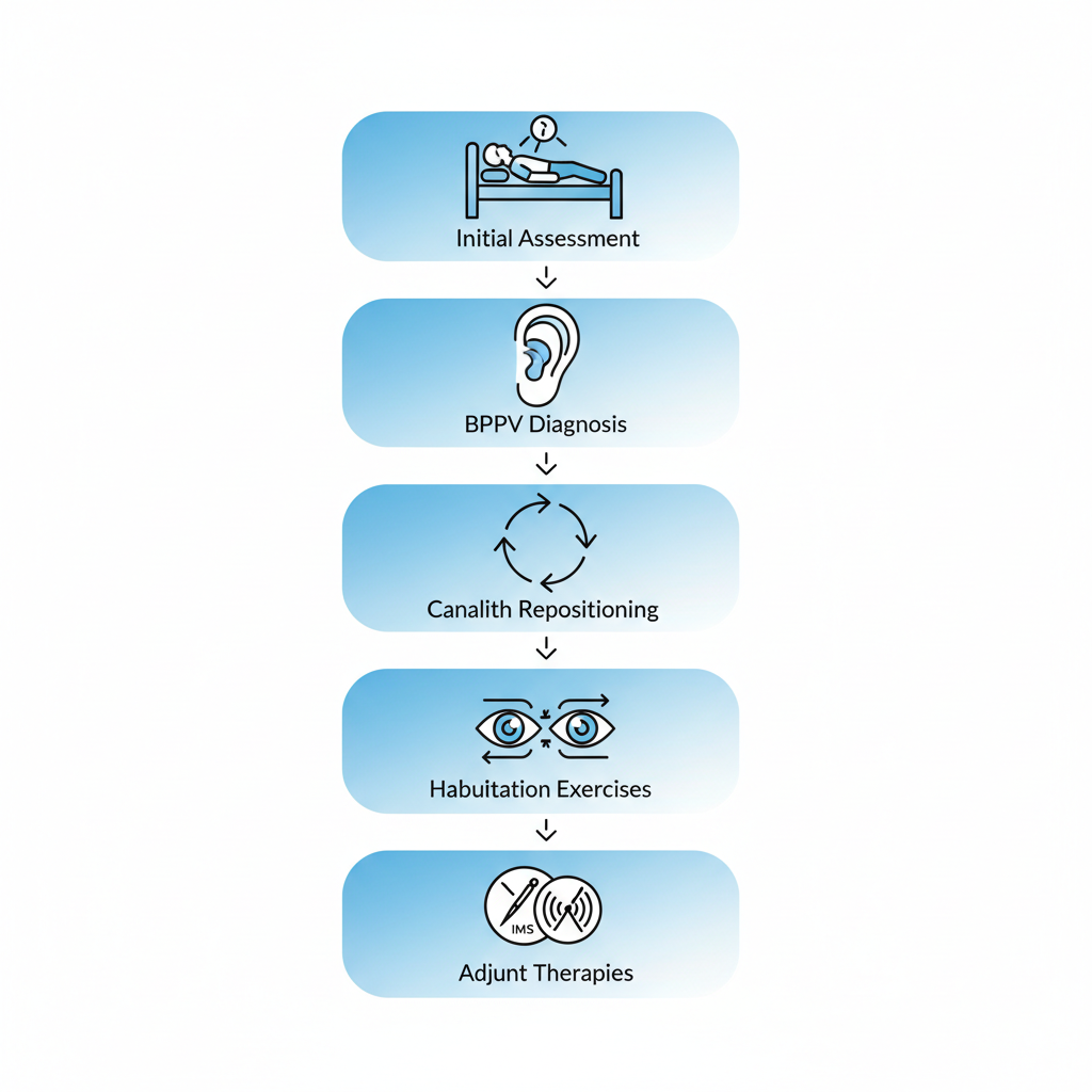 Vertical process flow diagram illustrating five steps of evidence-based vestibular rehabilitation treatments