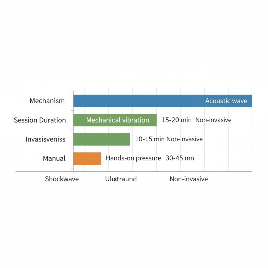 Horizontal bar chart comparing shockwave, ultrasound, and manual therapies for musculoskeletal conditions with metrics on mechanisms, durations, and invasiveness.