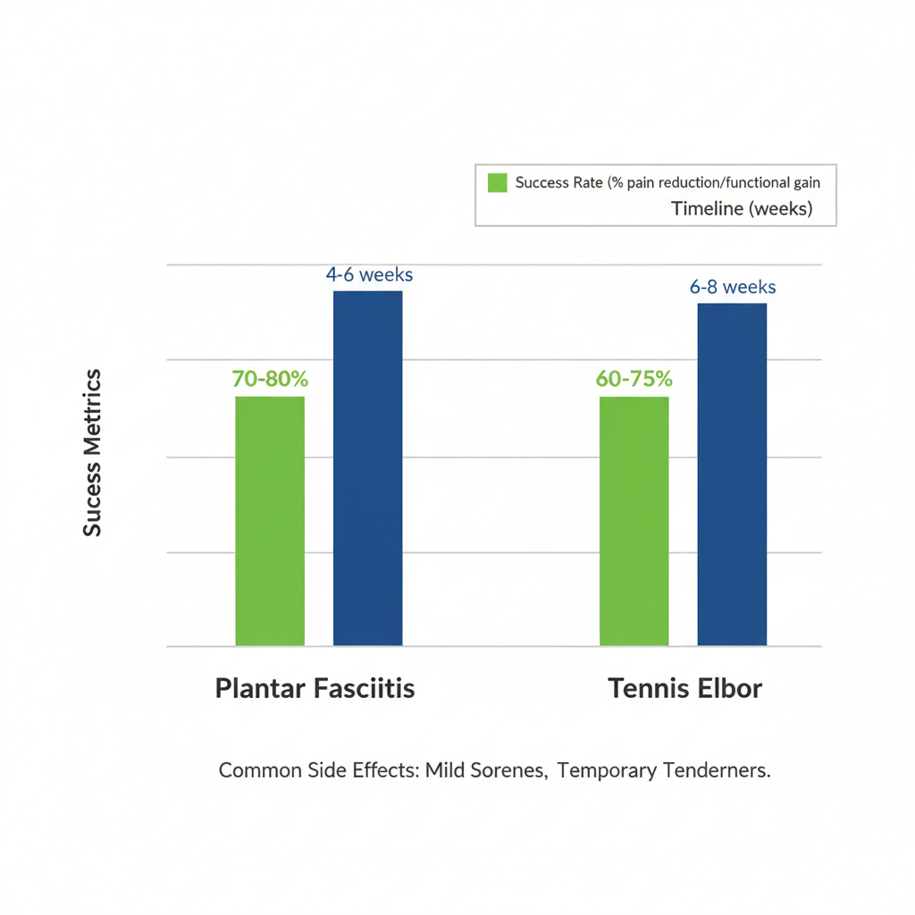 Bar chart illustrating shockwave therapy success rates and timelines for plantar fasciitis and tennis elbow