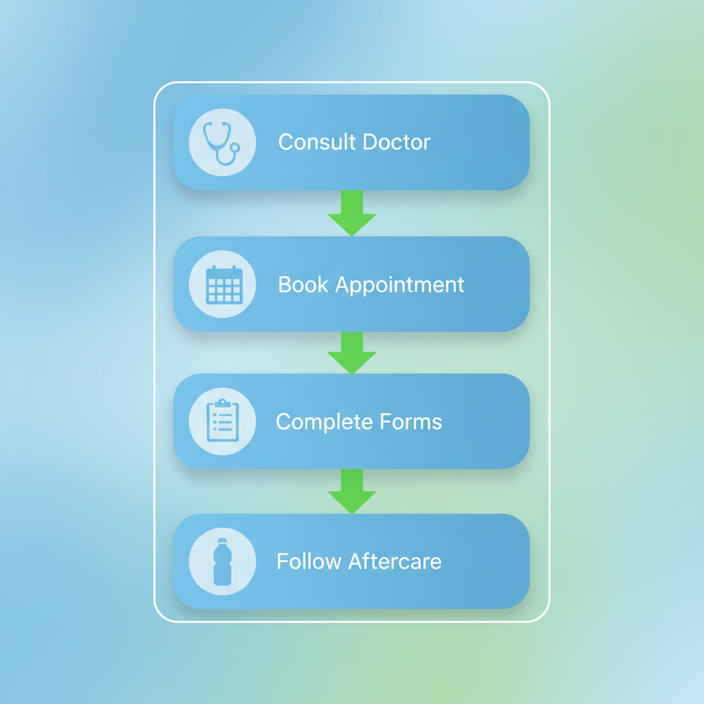 Vertical process flow diagram illustrating the five steps to start massage therapy at Harmony Physiotherapy in Coquitlam, featuring icons and connected stages.