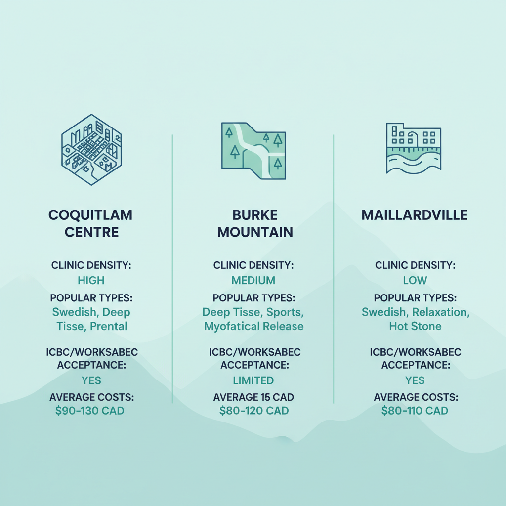 Infographic comparing massage therapy clinics in Coquitlam Centre, Burke Mountain, and Maillardville neighborhoods, showing density, types, insurance, and costs.