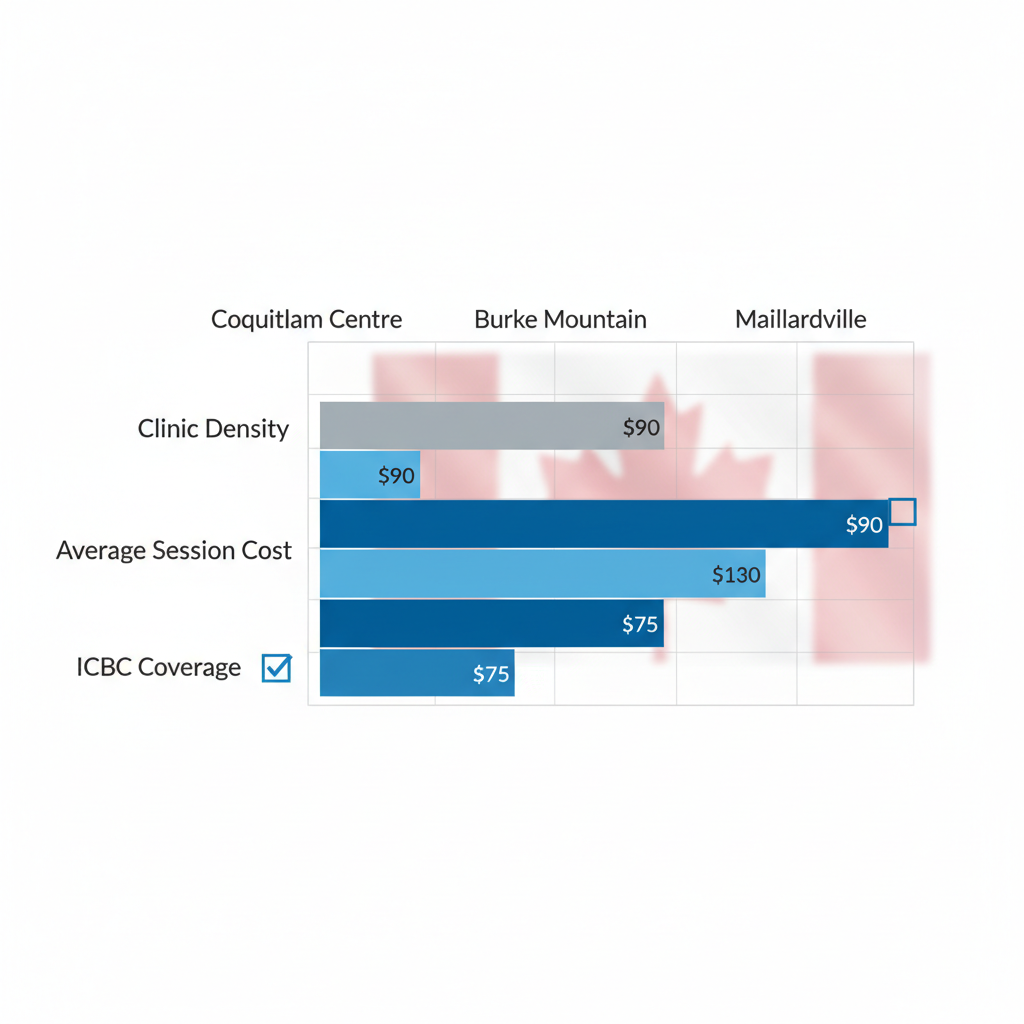 Horizontal bar chart comparing massage therapy features like clinic density, session costs, and ICBC coverage in Coquitlam neighborhoods