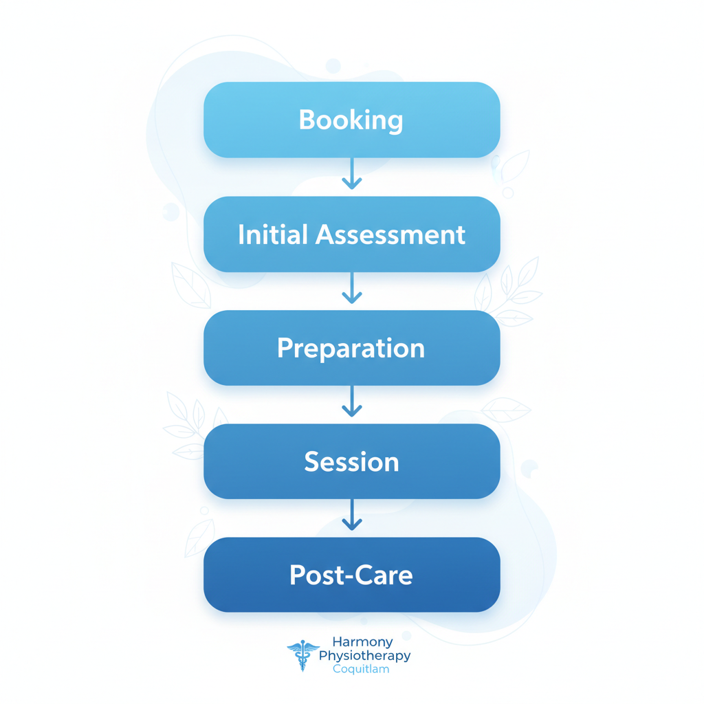 Vertical process flow diagram showing five steps to start massage therapy: booking, assessment, preparation, session, and post-care.