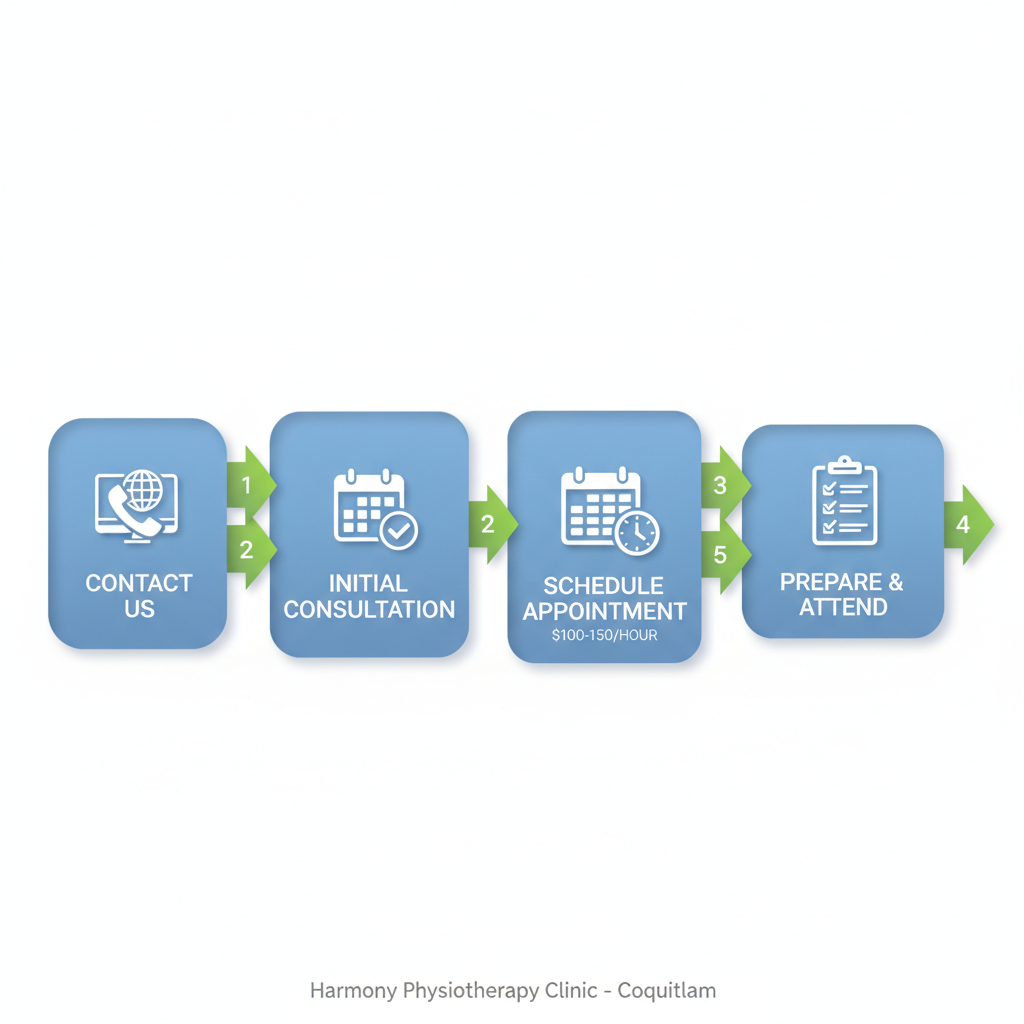 Horizontal process flow illustrating four steps to book a massage therapy session at Harmony Clinic: contact us, initial consultation, schedule appointment, prepare and attend.