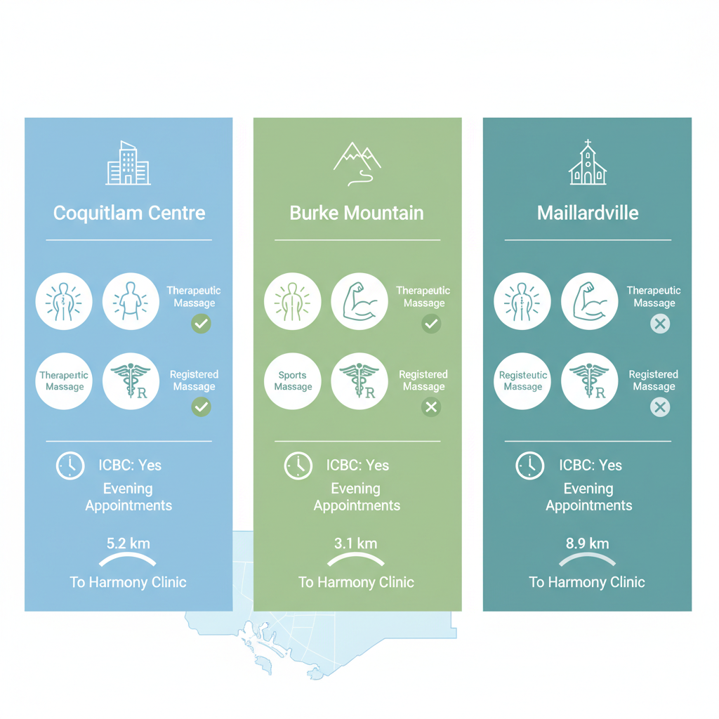 Infographic showing massage therapy services comparison in Coquitlam neighborhoods with icons for services, coverage, and proximity