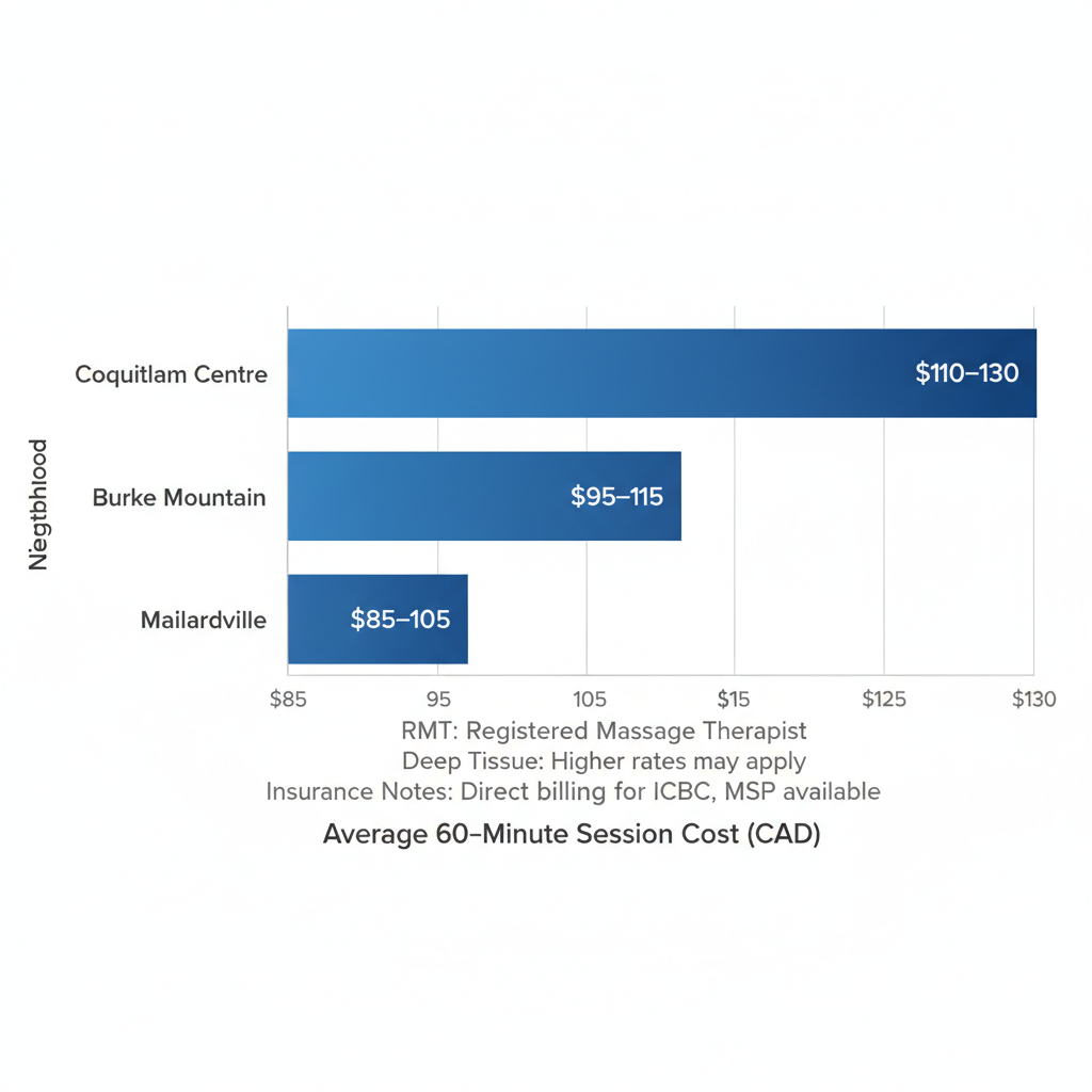 Horizontal bar chart comparing average costs of 60-minute massage therapy sessions in Coquitlam neighborhoods, labeled with prices from $85 to $130 CAD and service annotations.