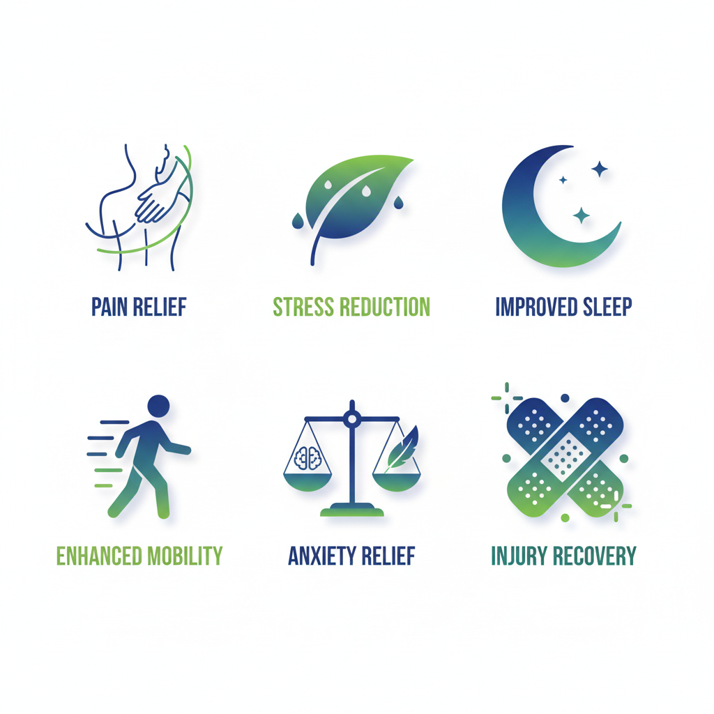 Grid of six icons showing benefits of RMT: pain relief, stress reduction, improved sleep, enhanced mobility, anxiety relief, and injury recovery.