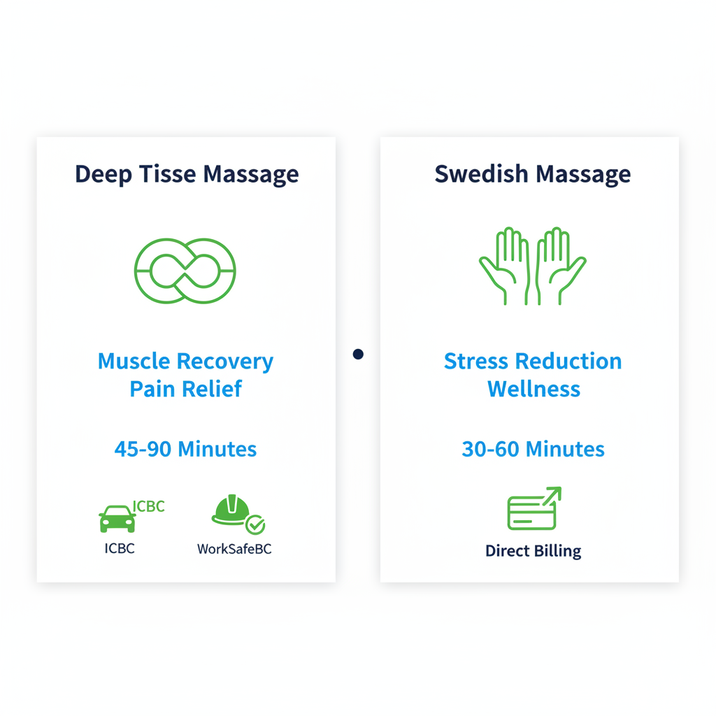 Infographic comparing Deep Tissue and Swedish massage therapy options in Coquitlam, including benefits, durations, and coverage details