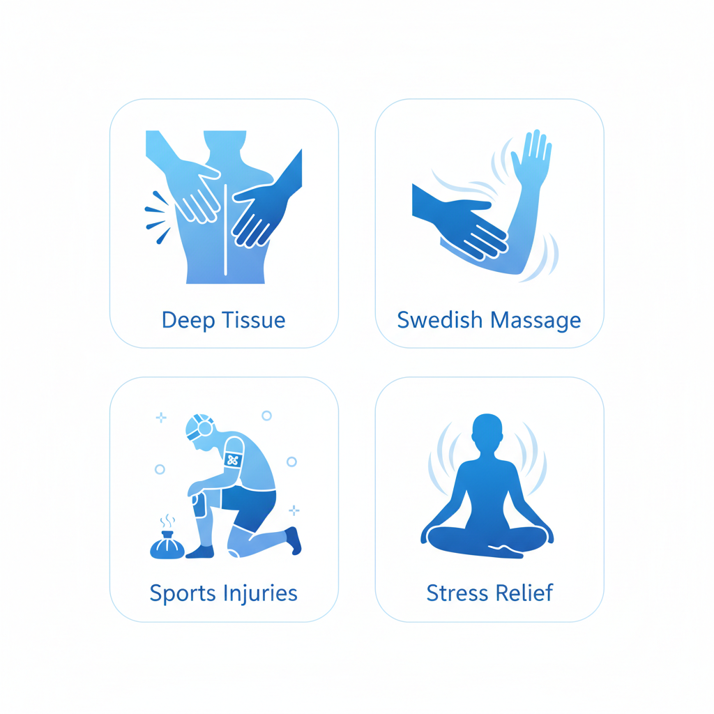 Grid of four flat icons representing massage services: deep tissue, Swedish massage, sports injuries, and stress relief.