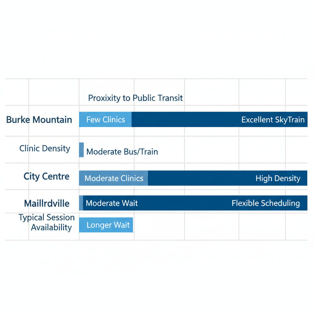 Horizontal bar chart comparing key RMT accessibility factors across Burke Mountain, City Centre, and Maillardville neighborhoods in Coquitlam