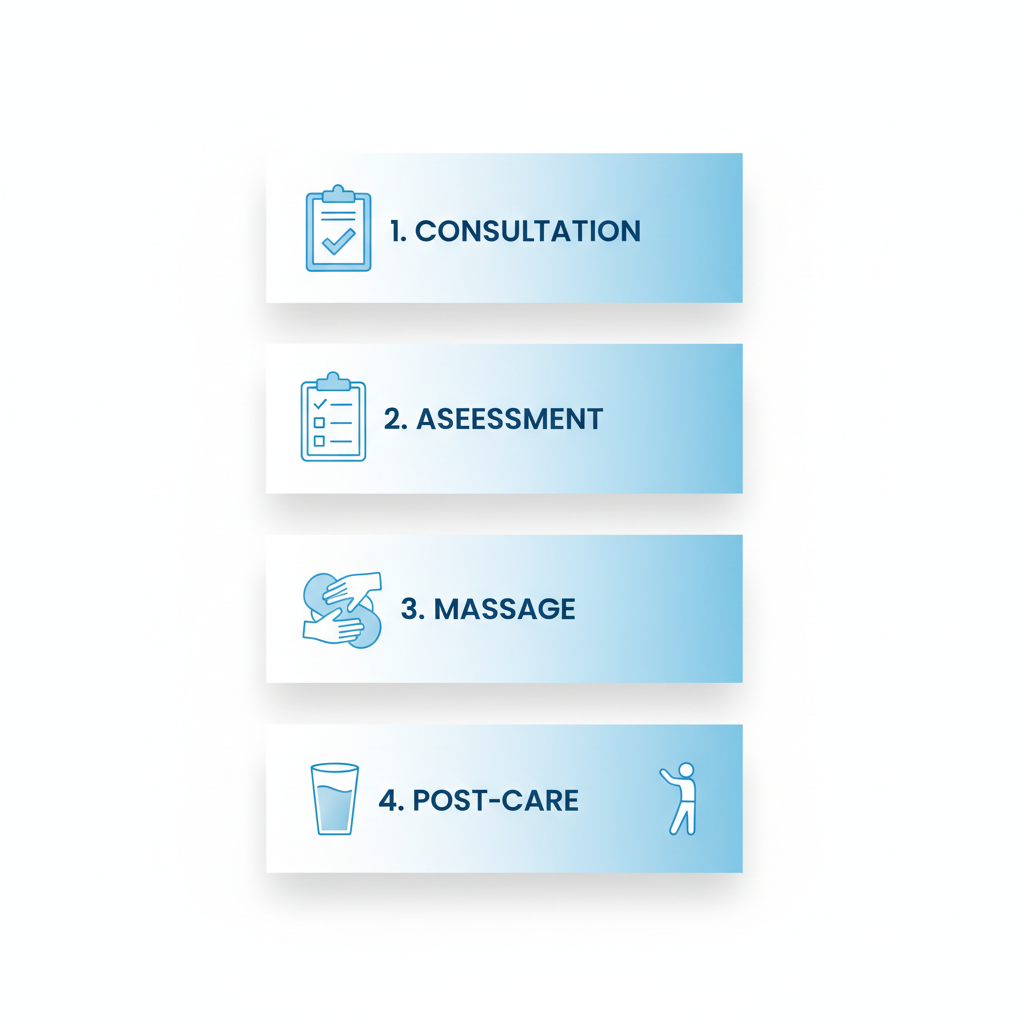 Vertical process flow diagram showing steps of a full body massage session: consultation, assessment, massage, and post-session care.