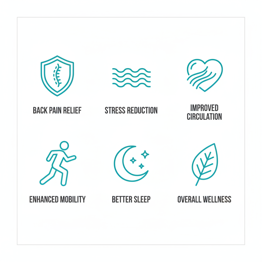 Grid of six icons illustrating key benefits of full body massage including pain relief, stress reduction, and improved wellness.