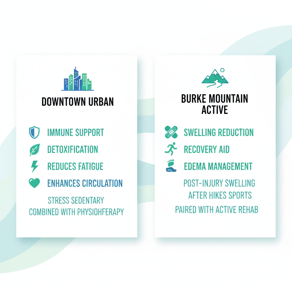 Infographic showing lymphatic drainage benefits in Coquitlam neighborhoods including Downtown and Suburban areas with icons and key details.