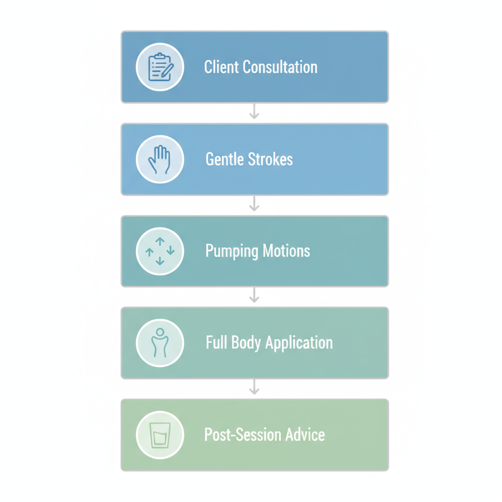 Vertical process flow diagram illustrating the five stages of a lymphatic drainage massage session in a Coquitlam physiotherapy clinic.