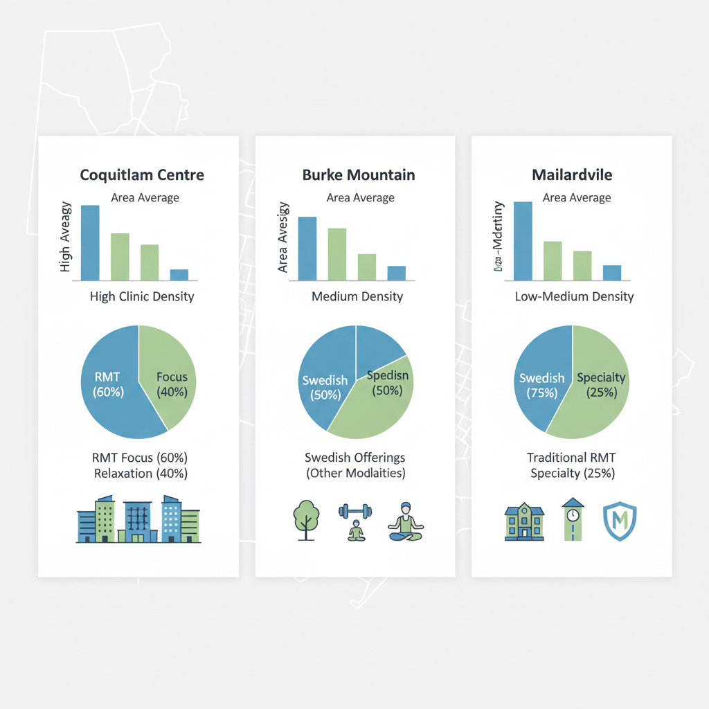 Infographic illustrating massage therapy clinic density and services in Coquitlam neighborhoods: Coquitlam Centre, Burke Mountain, and Maillardville