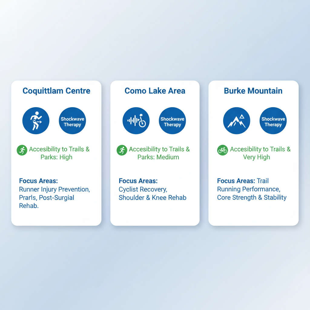 Infographic comparing sports rehabilitation services in Coquitlam Centre, Como Lake Area, and Burke Mountain neighborhoods with icons for physiotherapy, shockwave therapy, accessibility ratings, and focus areas.
