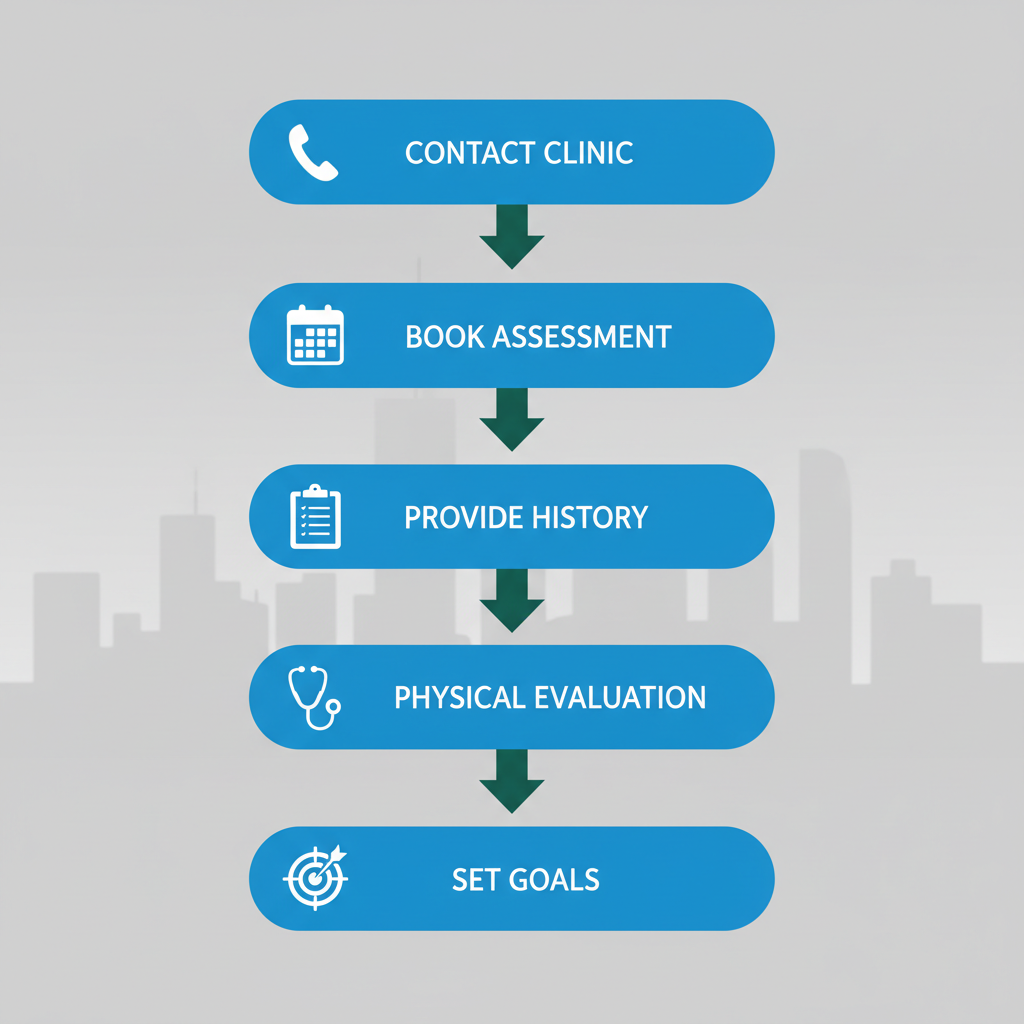 Vertical process flow diagram illustrating five steps to start sports rehabilitation at a physiotherapy clinic in Coquitlam, featuring icons for each stage.