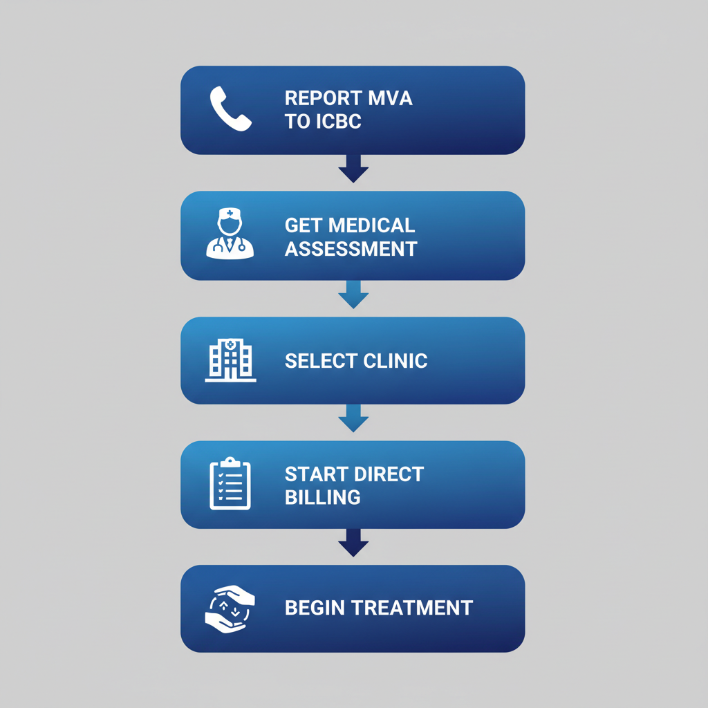 Vertical process flow diagram illustrating the five steps to initiate an ICBC massage therapy claim at Harmony Physiotherapy.