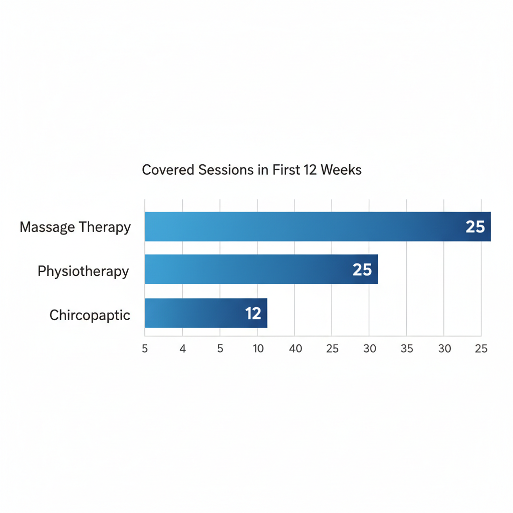 Horizontal bar chart comparing ICBC session limits for massage therapy, physiotherapy, and chiropractic in Coquitlam MVA recovery