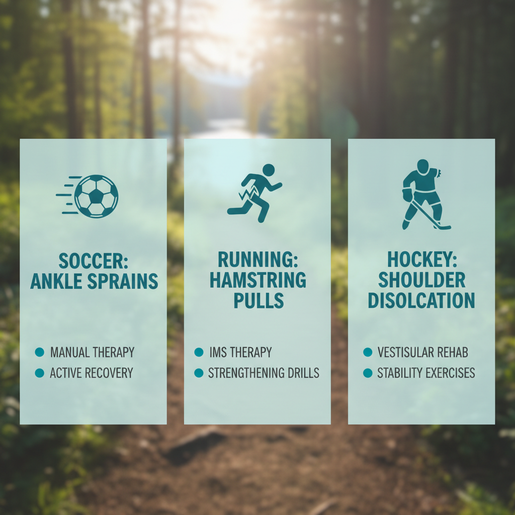Infographic showing comparison of sports injuries like ankle sprains in soccer, hamstring pulls in running, and shoulder dislocations in hockey, with corresponding rehab therapies in Port Coquitlam.