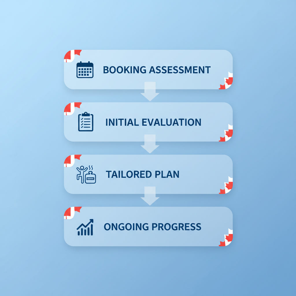 Vertical process flow diagram illustrating the four steps to initiate sports rehabilitation: booking assessment, initial evaluation, tailored plan development, and ongoing monitoring.