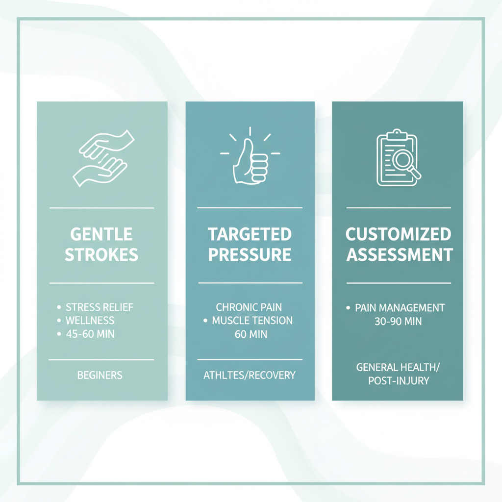 Infographic illustrating comparison of Swedish, Deep Tissue, and Registered Massage Therapy in Coquitlam clinics with icons and key details