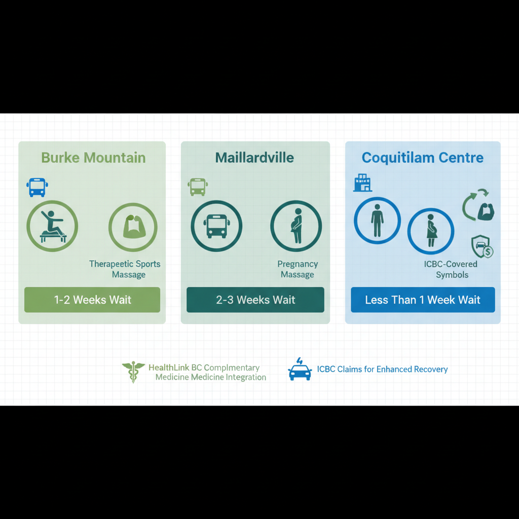 Infographic comparing availability of registered massage therapy services in different Coquitlam neighborhoods with accessibility levels and wait times