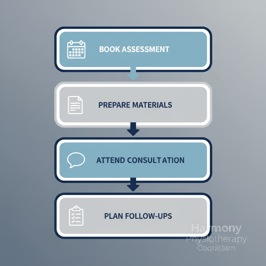 Vertical process flow diagram illustrating the four steps to start acupuncture treatment: booking assessment, preparing materials, attending consultation, and planning follow-ups.