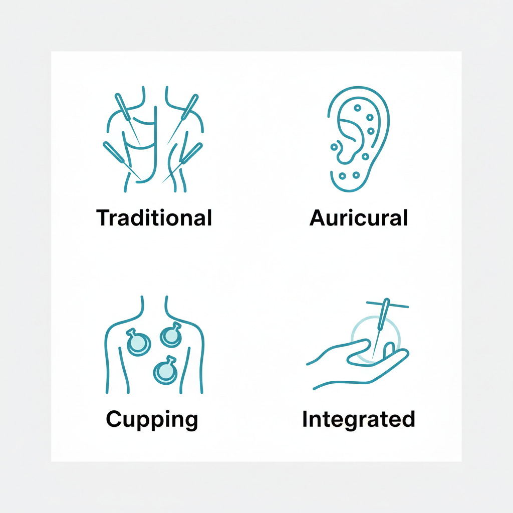 Grid of icons depicting traditional acupuncture, auricular acupuncture, cupping therapy, and integrated pain relief services