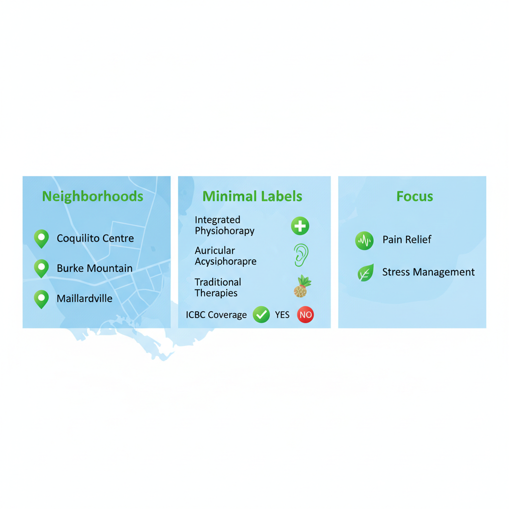 Infographic illustrating acupuncture services and coverage in Coquitlam neighborhoods including Coquitlam Centre, Burke Mountain, and Maillardville.