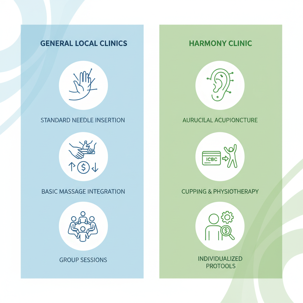 Infographic comparing general acupuncture services to specialized offerings at multidisciplinary clinics in Port Coquitlam