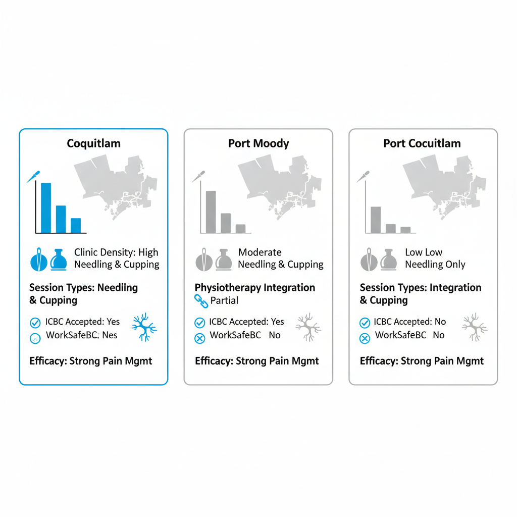 Infographic comparing acupuncture clinic density, session types, integration, and insurance acceptance in Coquitlam, Port Moody, and Port Coquitlam