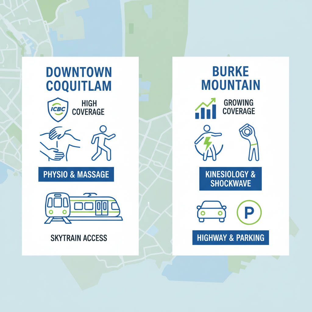 Infographic comparing active rehabilitation options in Downtown Coquitlam and Burke Mountain neighborhoods