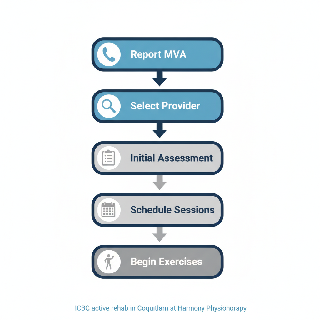 Vertical process flow diagram illustrating five steps to start active rehabilitation for ICBC motor vehicle accident claims in Coquitlam, featuring icons for reporting, selecting provider, assessment, scheduling, and beginning exercises.