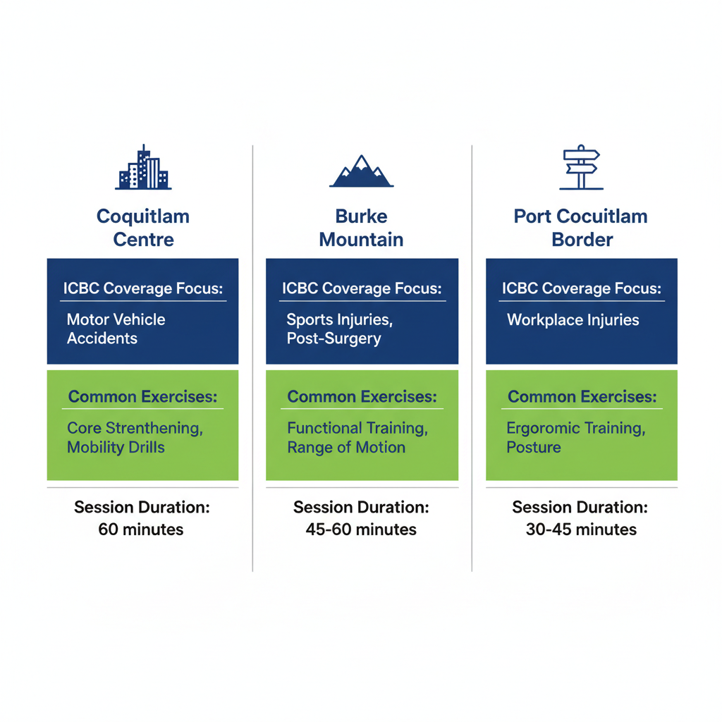 Infographic comparing active rehabilitation services in Coquitlam neighborhoods including icons and key details on coverage, exercises, and durations.