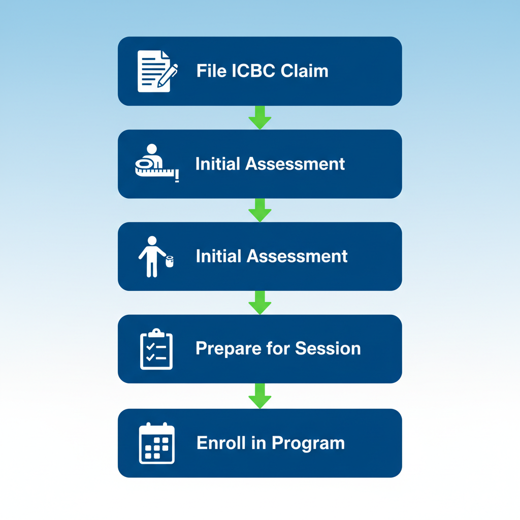Vertical process flow diagram showing four steps to start active rehabilitation: filing ICBC claim, initial assessment, preparation, and enrollment.