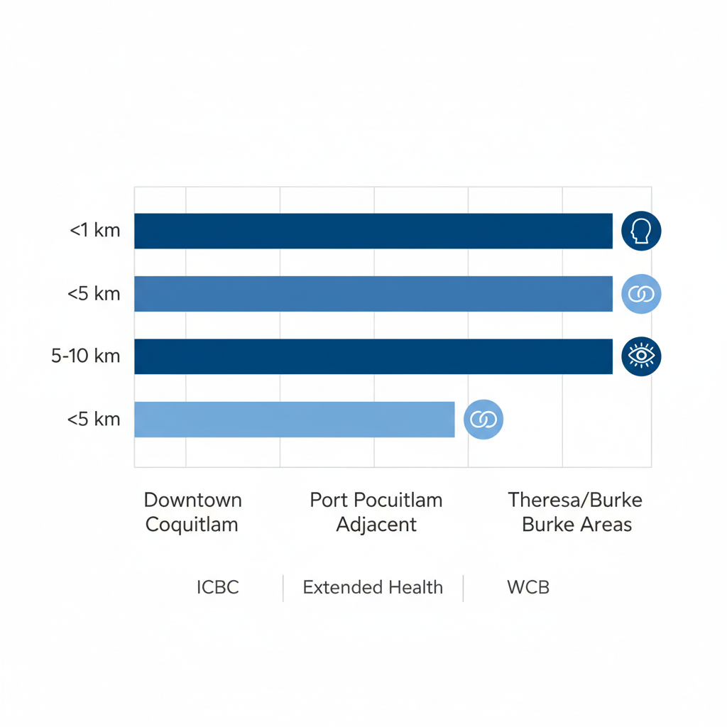 Horizontal bar chart comparing distances to Harmony Clinic for counselling in Coquitlam neighborhoods, featuring service icons and insurance labels.
