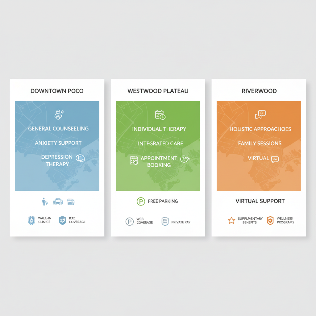 Infographic showing mental health support services in Port Coquitlam neighborhoods including Downtown, Westwood Plateau, and Riverwood with icons for counselling, therapy, and coverage options.