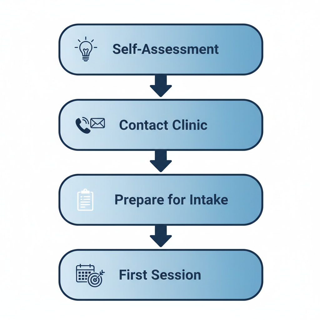 Vertical process flow diagram illustrating four steps to begin counselling: self-assessment, contacting the clinic, preparing for intake, and first session with icons.