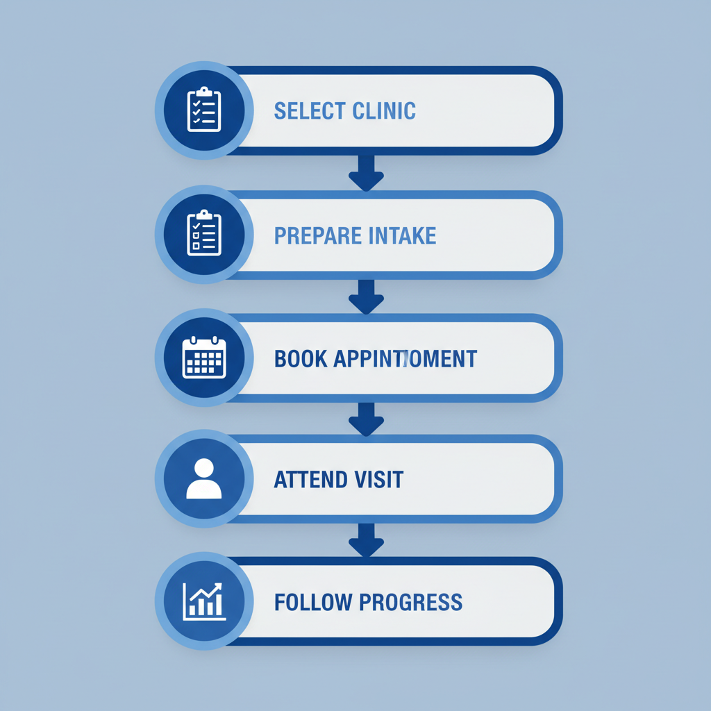 Vertical process flow diagram illustrating five steps to begin registered massage therapy sessions in Coquitlam