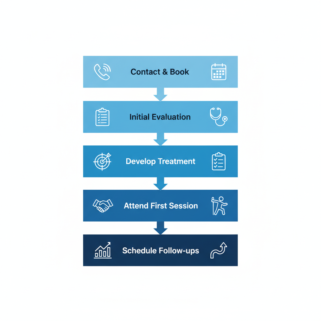 Vertical process flow diagram illustrating the five steps to begin physiotherapy treatment in Coquitlam with icons and blue-themed stages.